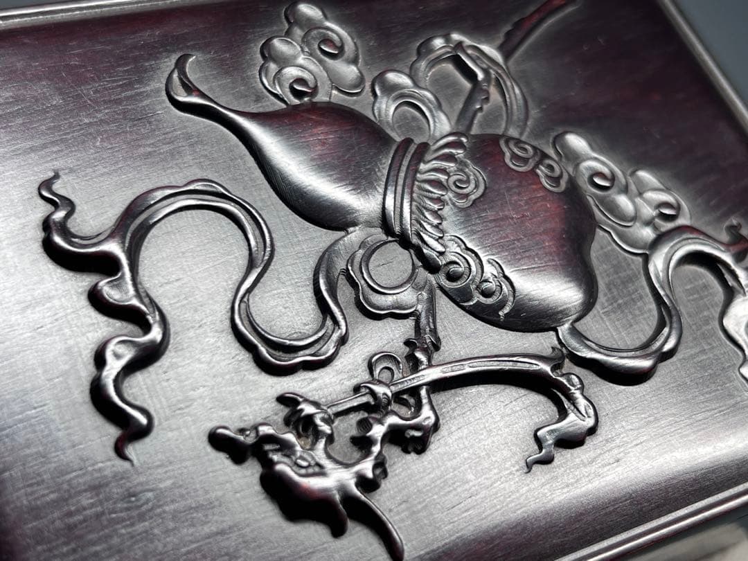 木製　小物入れ　紫檀　硯箱　瓢箪　浮き彫り　極細工　文房具　中国美術　香合　美品