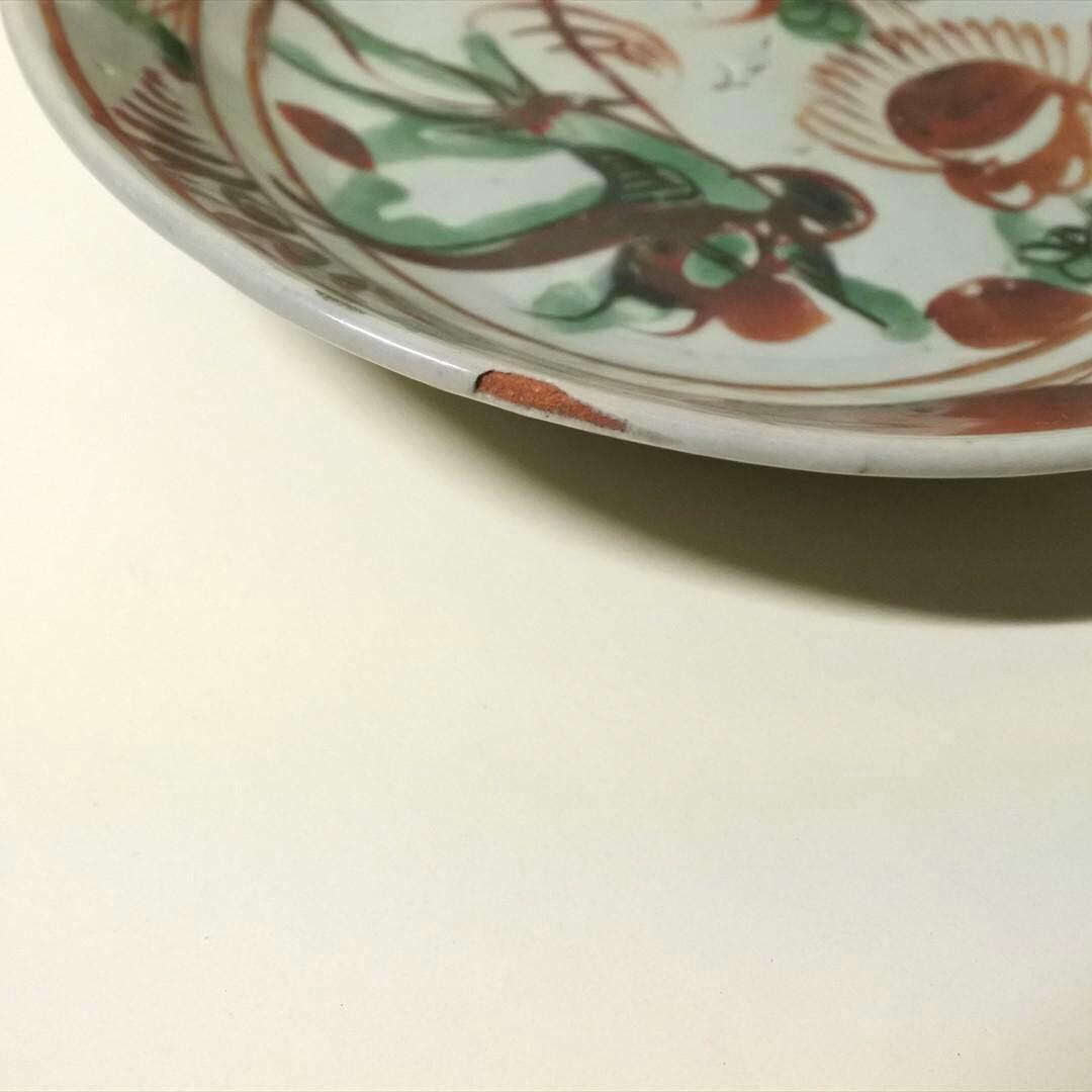 中国　明末清初　呉須赤絵　鳥　草花　中皿　骨董品　アンティーク
