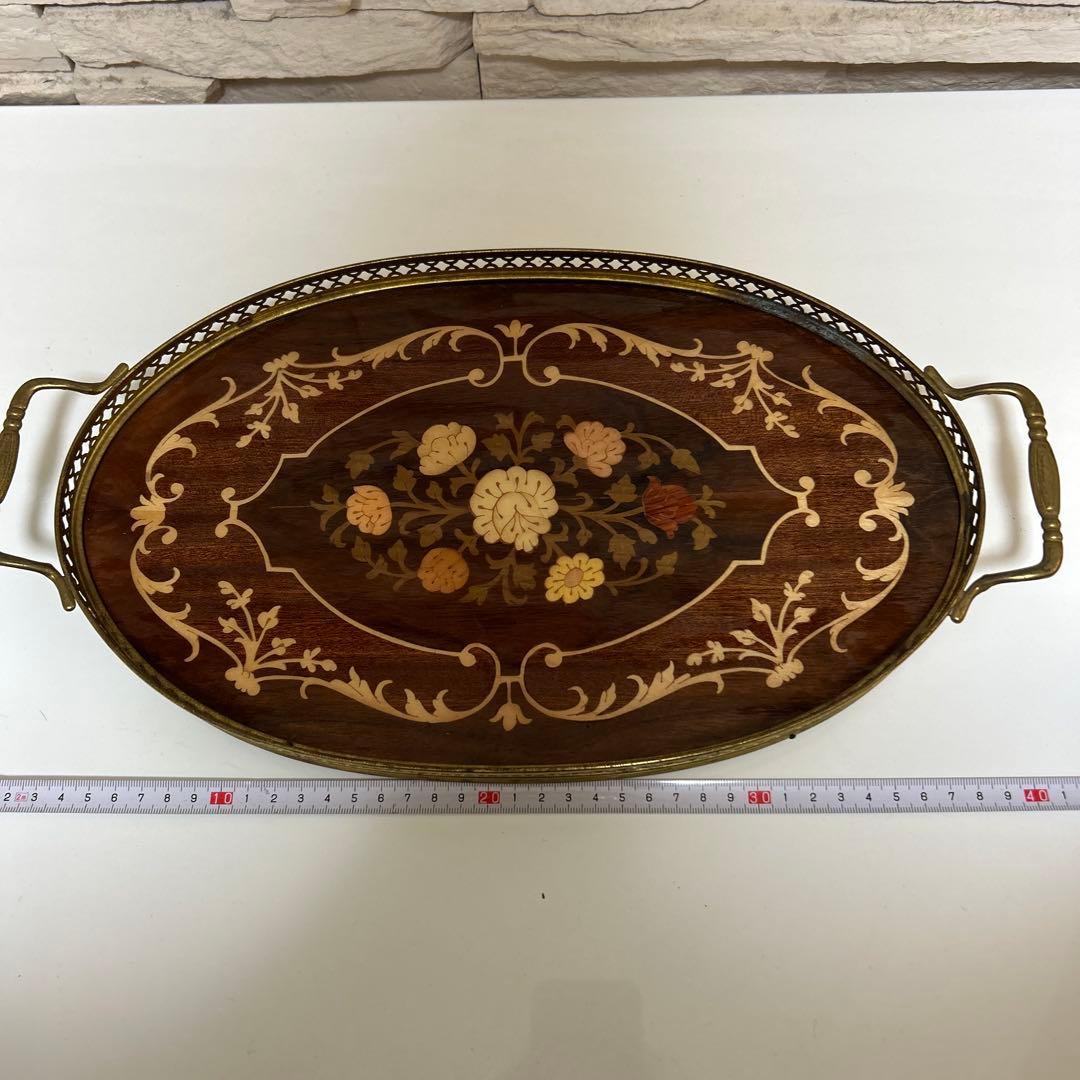 イタリア製 Demain 象嵌トレー２枚　象嵌花柄　木製 ゴールド手付