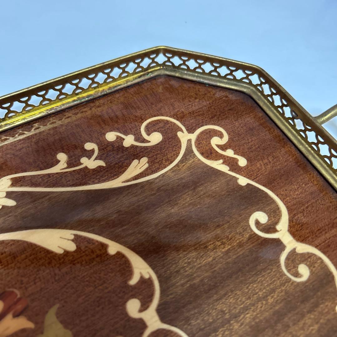 イタリア製 Demain 象嵌トレー２枚　象嵌花柄　木製 ゴールド手付