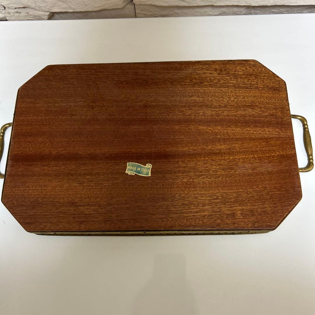 イタリア製 Demain 象嵌トレー２枚　象嵌花柄　木製 ゴールド手付