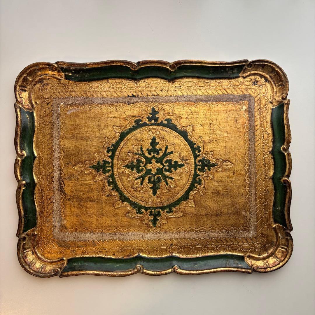 【イタリア】ヴィンテージ 木製 トレイ フロレンタイン 金色 深緑 大きめ