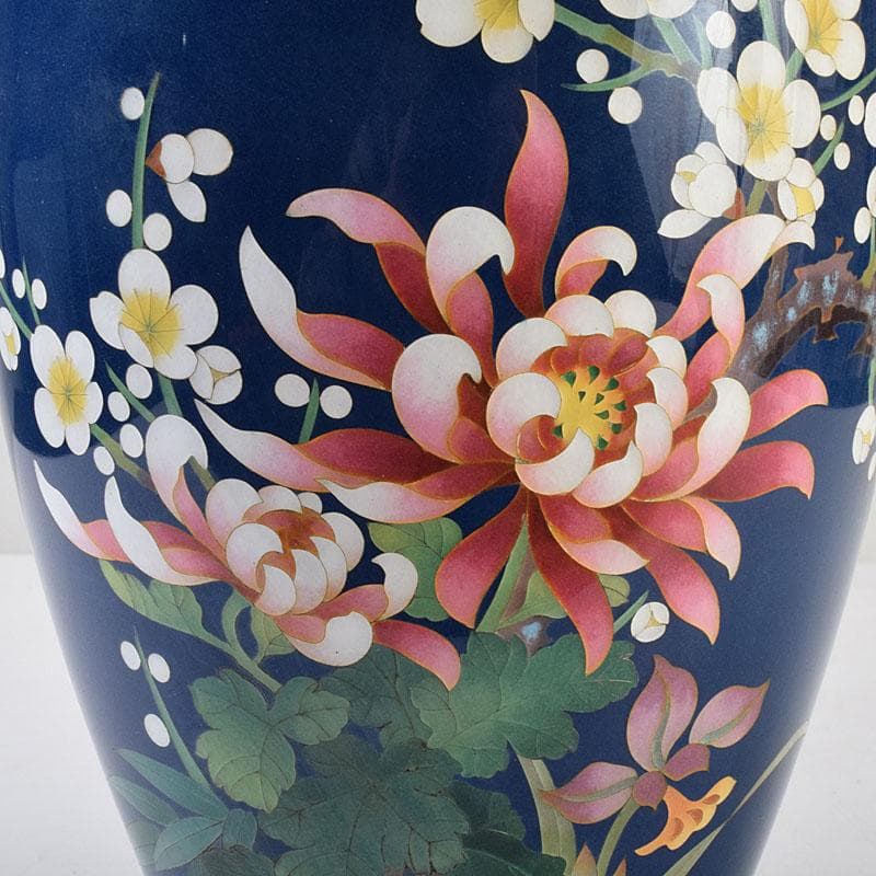 七宝焼　紺釉　四君子文　花瓶　共箱　F　R9167