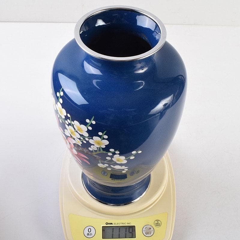 七宝焼　紺釉　四君子文　花瓶　共箱　F　R9167