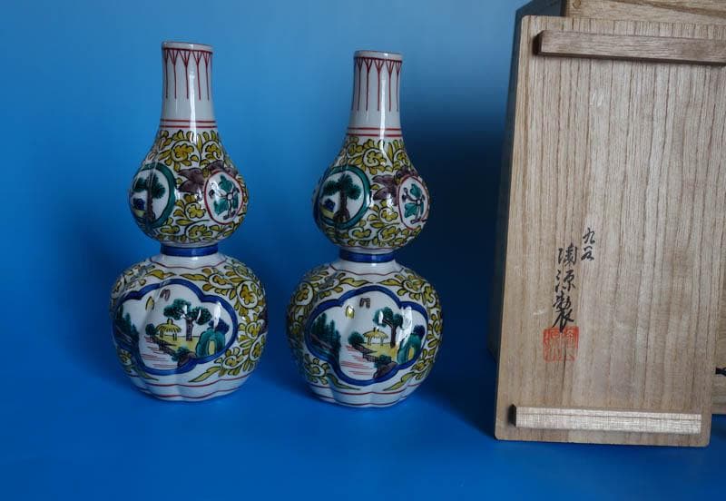 倣古九谷 唐草 九谷焼 陶源製 酒瓶 瓢箪 徳利 酒器 共箱 2464