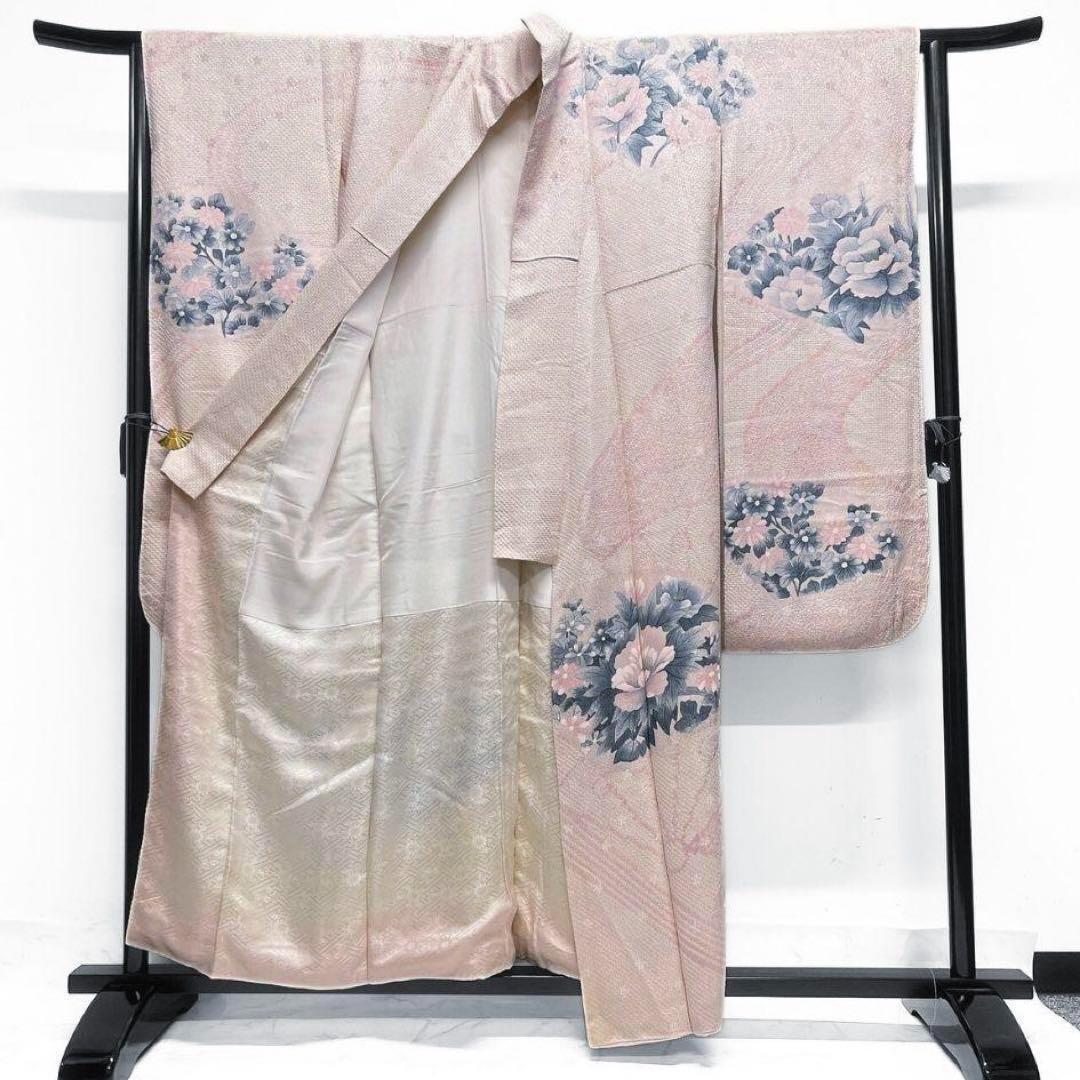 総絞り　牡丹　扇子　菊花　流線　振袖　着物　012a p