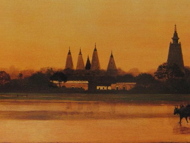 山本明比古、【ブッダガヤ夕景】、希少な額装用画集より、新品額装付