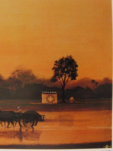 山本明比古、【ブッダガヤ夕景】、希少な額装用画集より、新品額装付