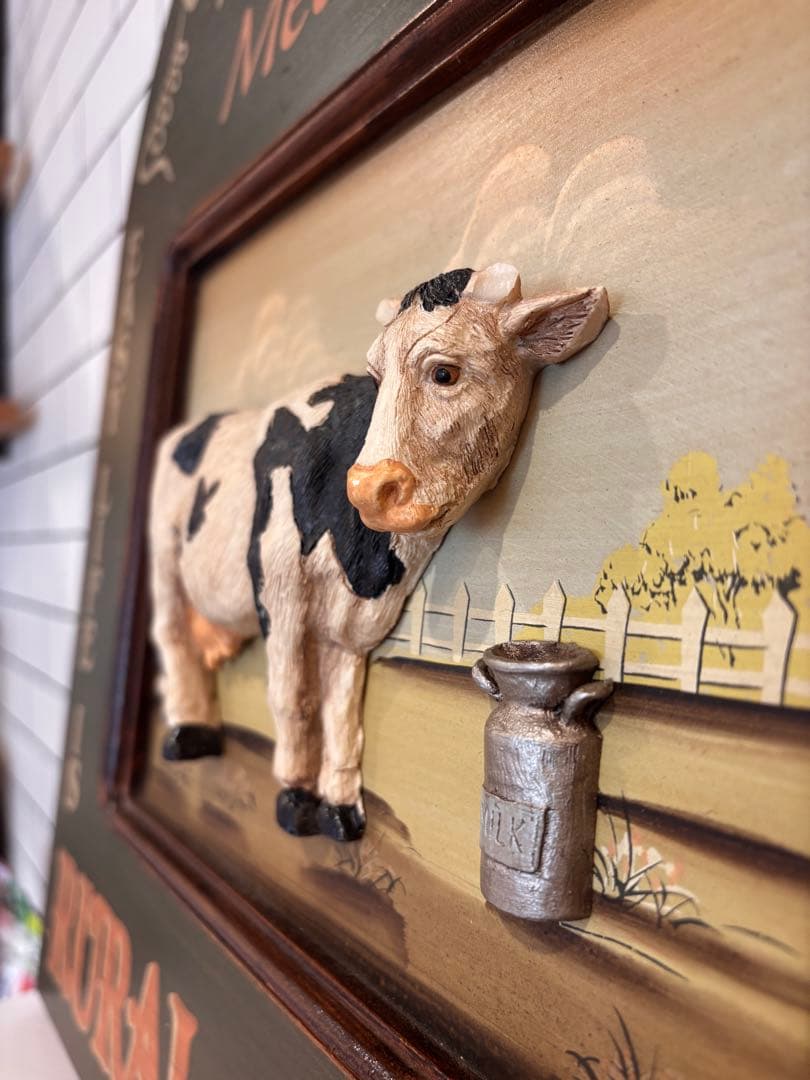 アンティーク風 牛の彫刻 アートプレート