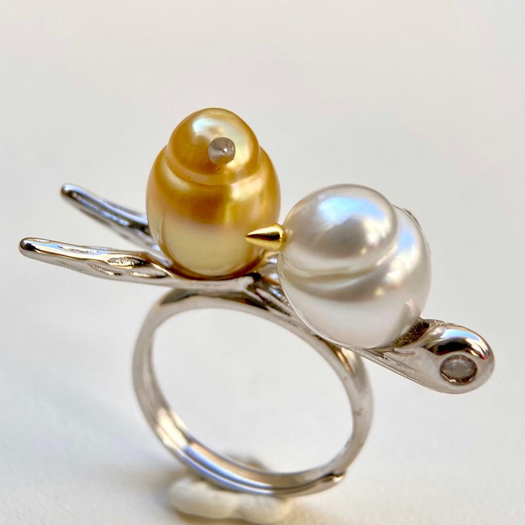 本真珠南洋白蝶真珠　茶金とホワイト「鳥と枝」s925リングY1027