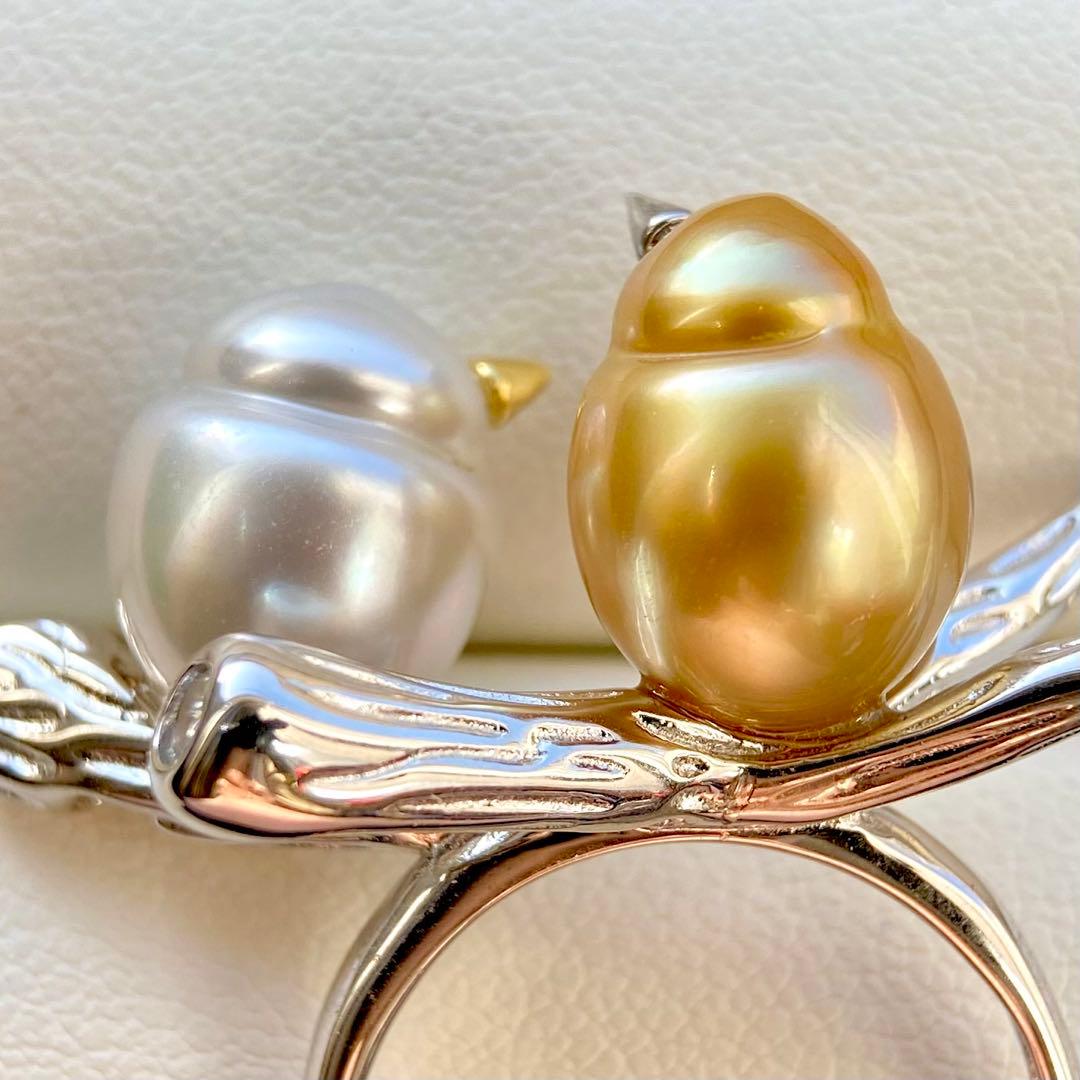 本真珠南洋白蝶真珠　茶金とホワイト「鳥と枝」s925リングY1027
