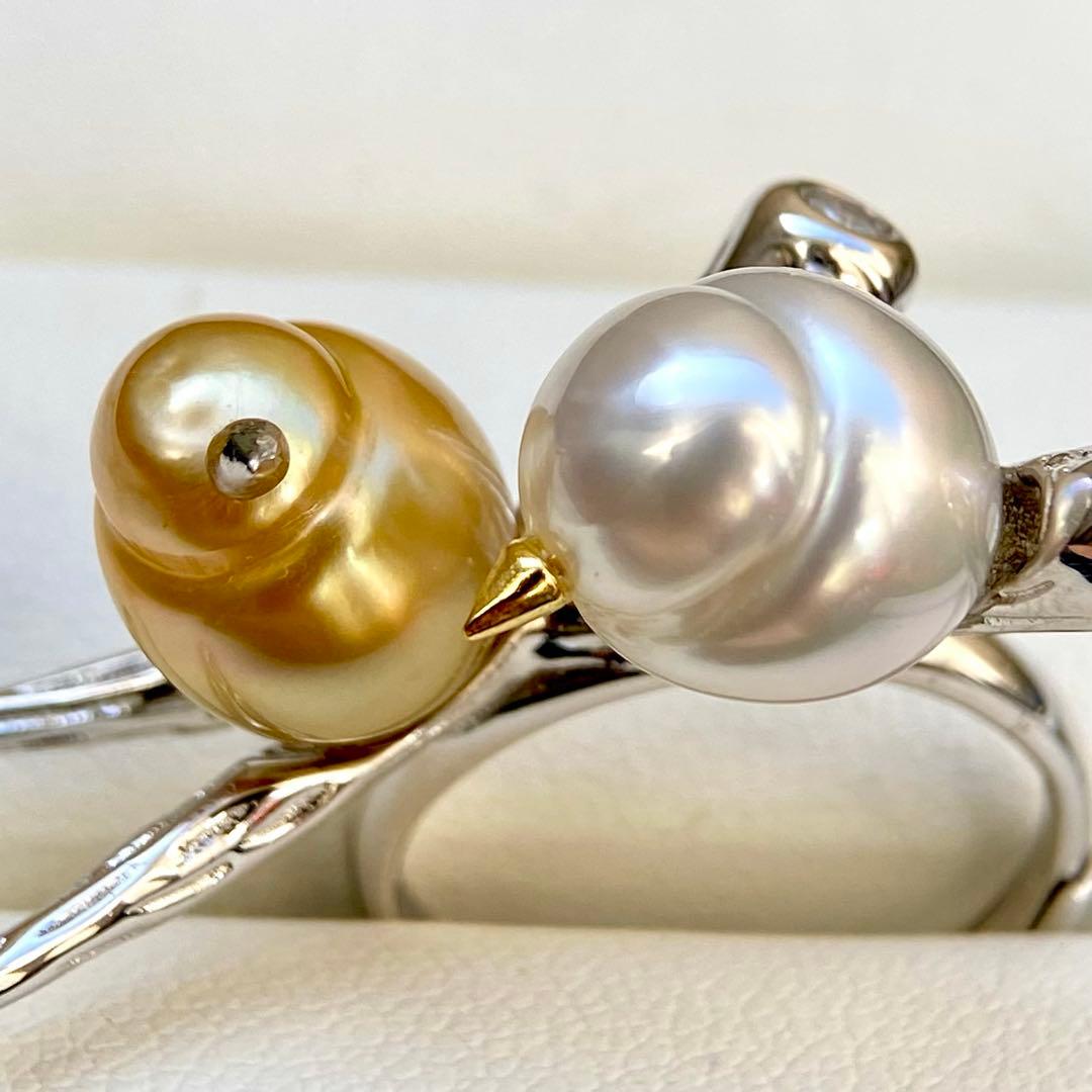 本真珠南洋白蝶真珠　茶金とホワイト「鳥と枝」s925リングY1027