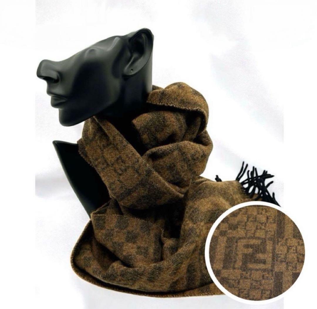 FENDI フェンディ ズッカ柄 ウールマフラー ブラウン チェック フリンジ