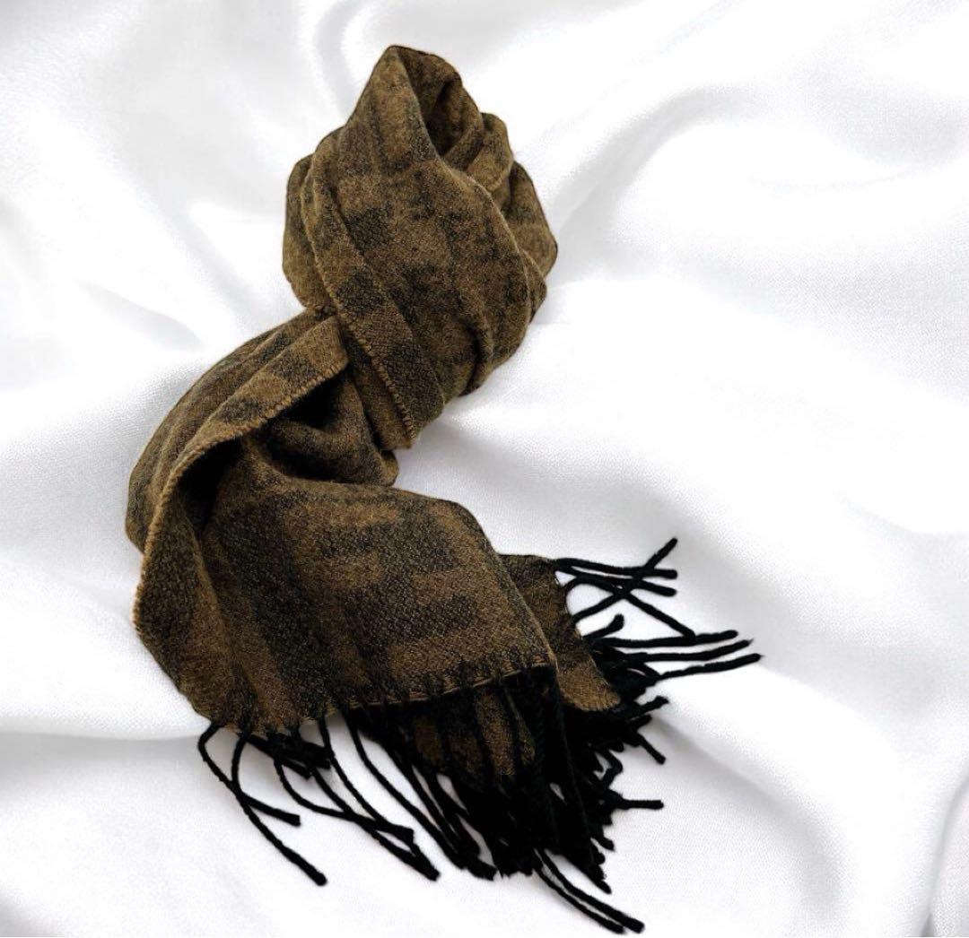 FENDI フェンディ ズッカ柄 ウールマフラー ブラウン チェック フリンジ