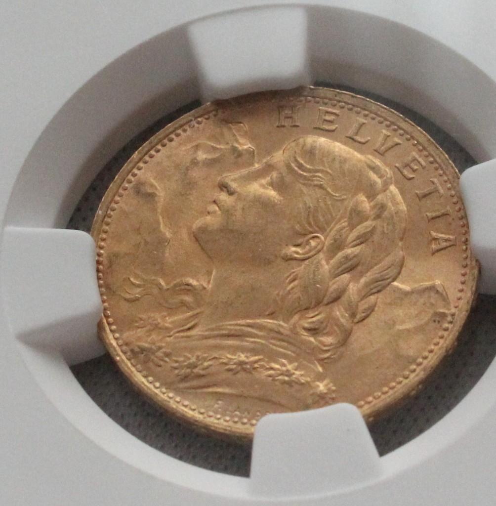 1922年 スイス ブレネリ アルプスの少女 20フラン 金貨 NGC MS66