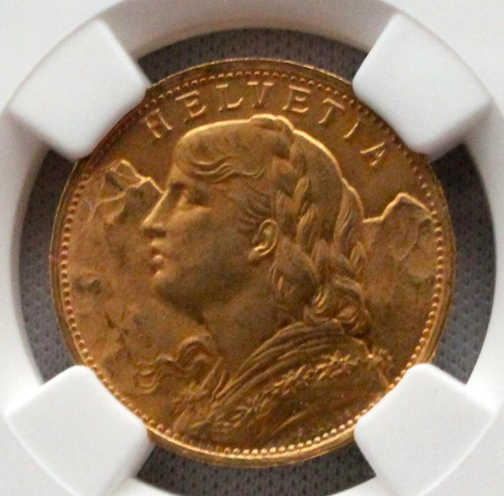 1922年 スイス ブレネリ アルプスの少女 20フラン 金貨 NGC MS66