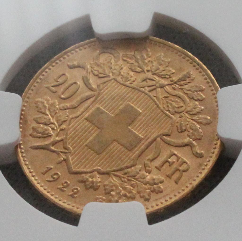 1922年 スイス ブレネリ アルプスの少女 20フラン 金貨 NGC MS66