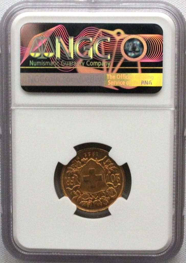 1922年 スイス ブレネリ アルプスの少女 20フラン 金貨 NGC MS66