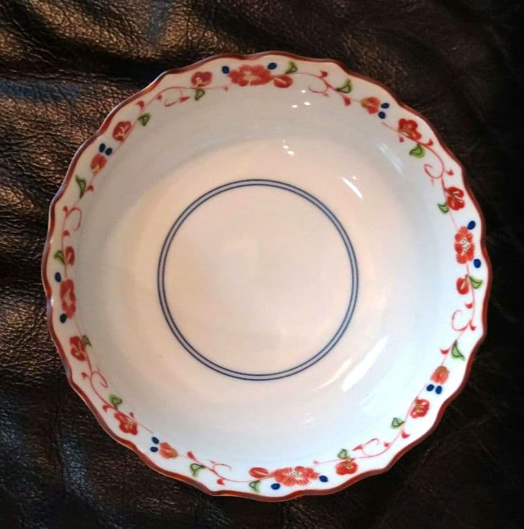 ⬛【古美濃焼】・銅鑼鉢・金彩・赤絵♦【古橘吉・たち吉】輪花型・ヴィンテージ皿