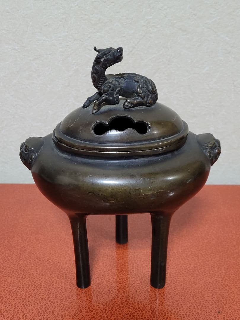 明治期 極上 宣徳銅製 麒麟摘蓋金銀象嵌鳳凰図 三足高足 香炉煎茶道具中国古玩