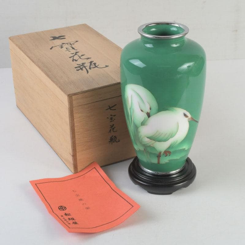 七宝焼　緑釉　双鳥文　花瓶　唐木台付　共箱　V　9586
