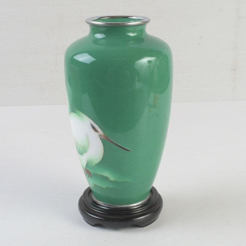 七宝焼　緑釉　双鳥文　花瓶　唐木台付　共箱　V　9586