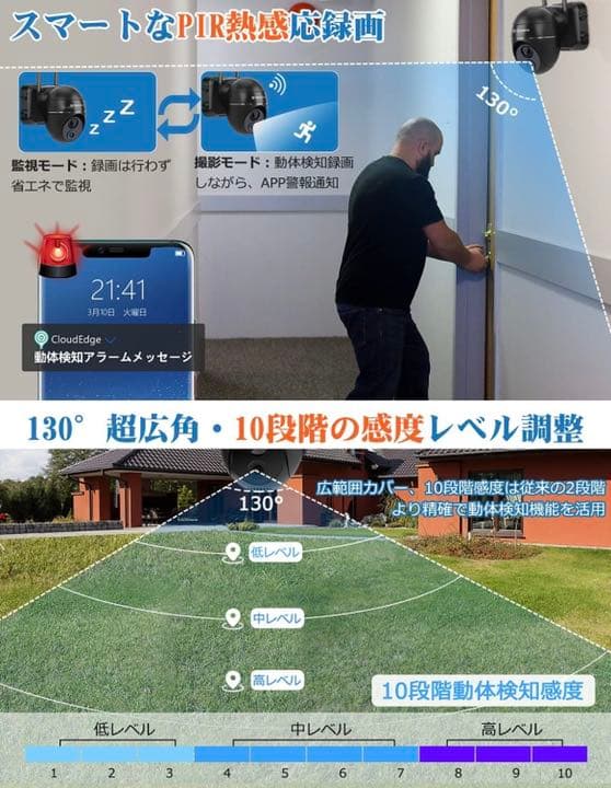 防犯カメラ 屋外 WiFi 1080P 360°広角撮影 15000mAh大容量