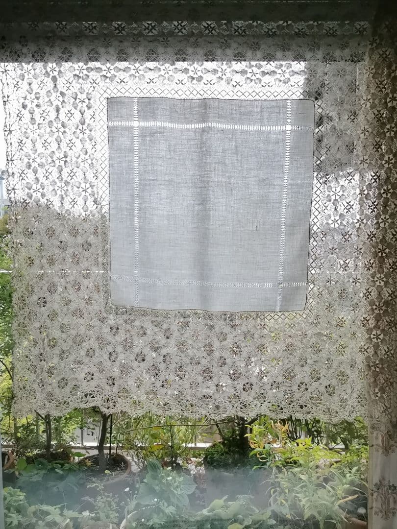 アンティーク シルク混ヤーンニードルワークレーストリム 梯子刺繍リネンクロス