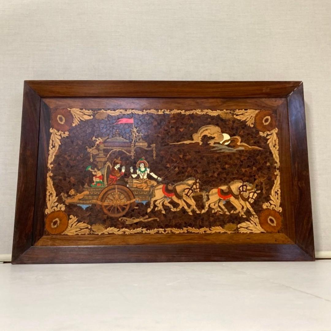 木製 壁掛け 象嵌細工 寄木 彫刻 工芸品 大型 パネル 芸術 アート レトロ