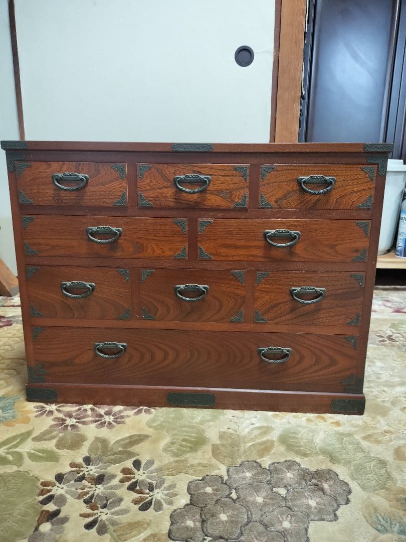 欅無垢箪笥4段　小物入れ9引き出し ダークブラウン内部桐無垢　和家具