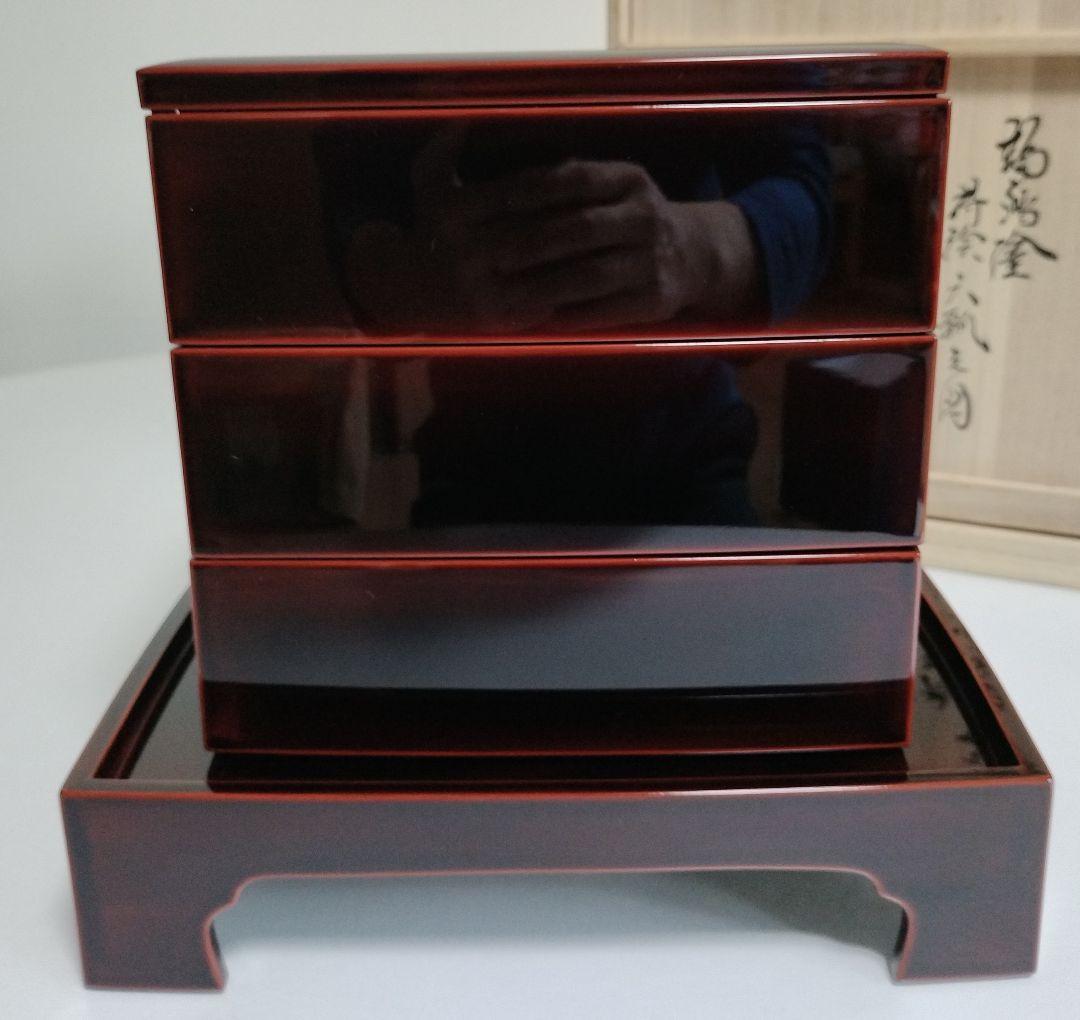 輪島塗　蒔絵六瓢の図　胴張三段重　重台付き　作家もの