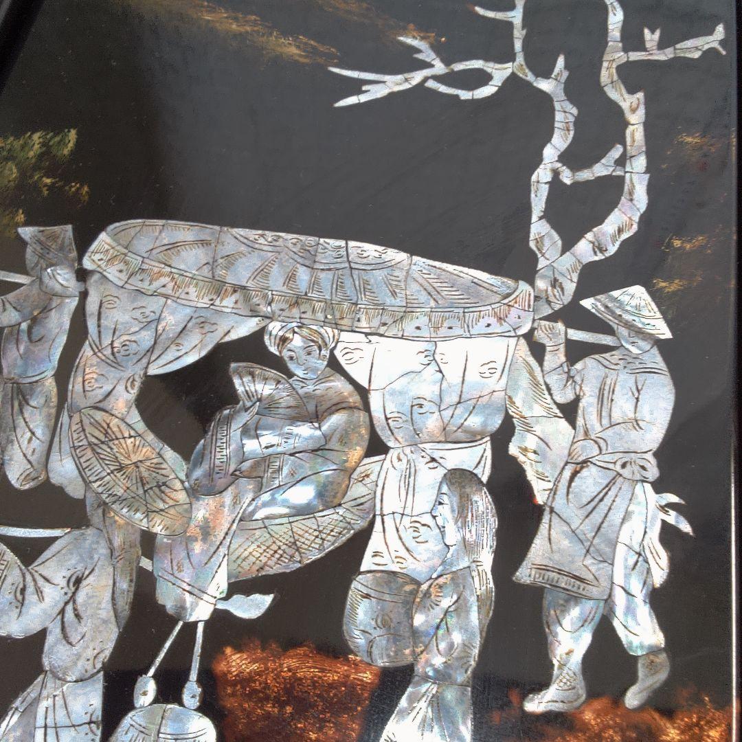 骨董４手彫り漆器 伝統的農村風景 4枚セット