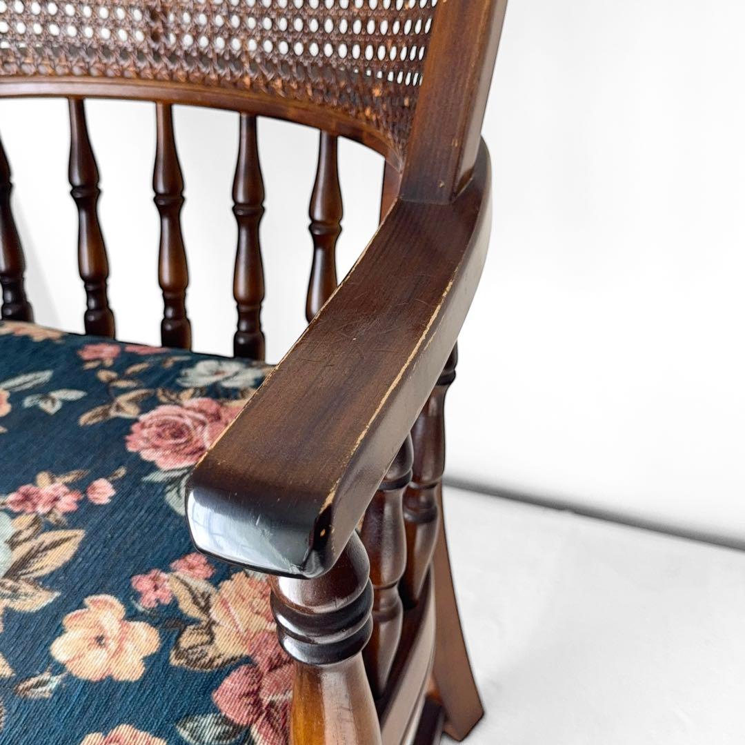 オールドカリモク コロニアル 花柄 ベロア ラタン アームチェア アンティーク