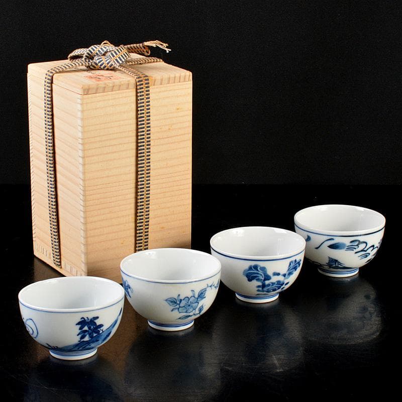 煎茶道具　賣茶好　酉年　鶏鳴盃　茶碗 ４客　共箱　V　6533