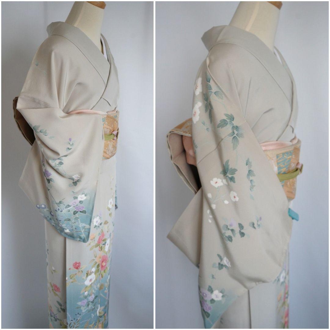 緑み薄い灰色訪問着セット 正絹 袷 作家