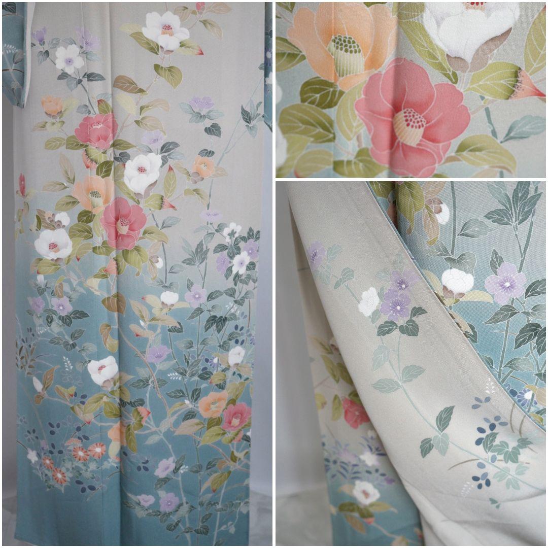 緑み薄い灰色訪問着セット 正絹 袷 作家