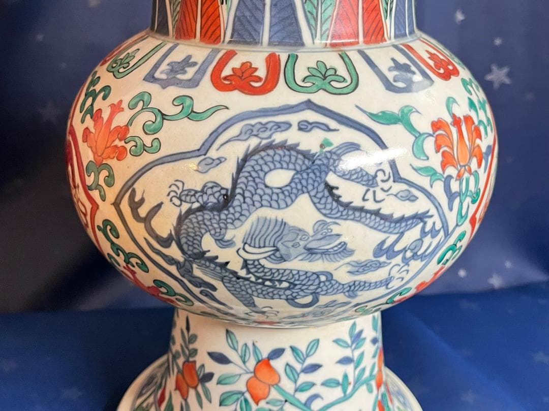 中国古玩 大明萬暦年製 彩色雲龍紋花瓶 花器 花生 高さ約42.3cm 時代物