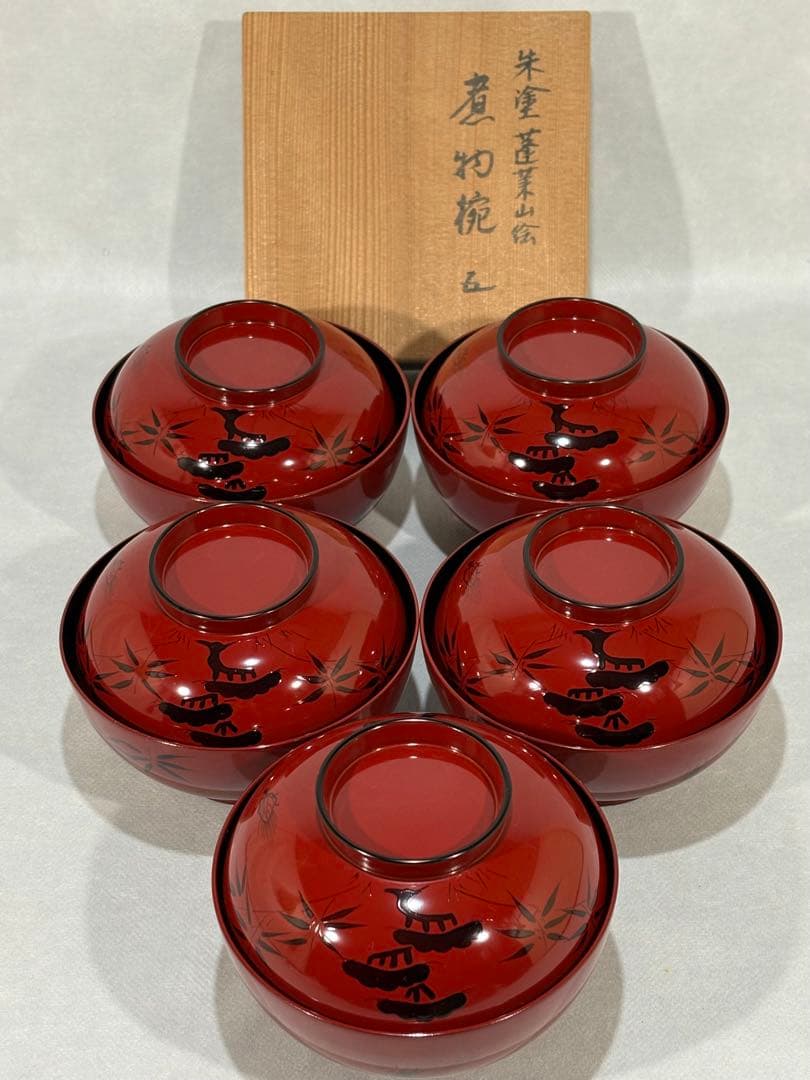 輪島塗　北村葵春造　朱塗 蓬莱山絵　煮物椀五客　美品　共箱　茶道具　懐石　送料込