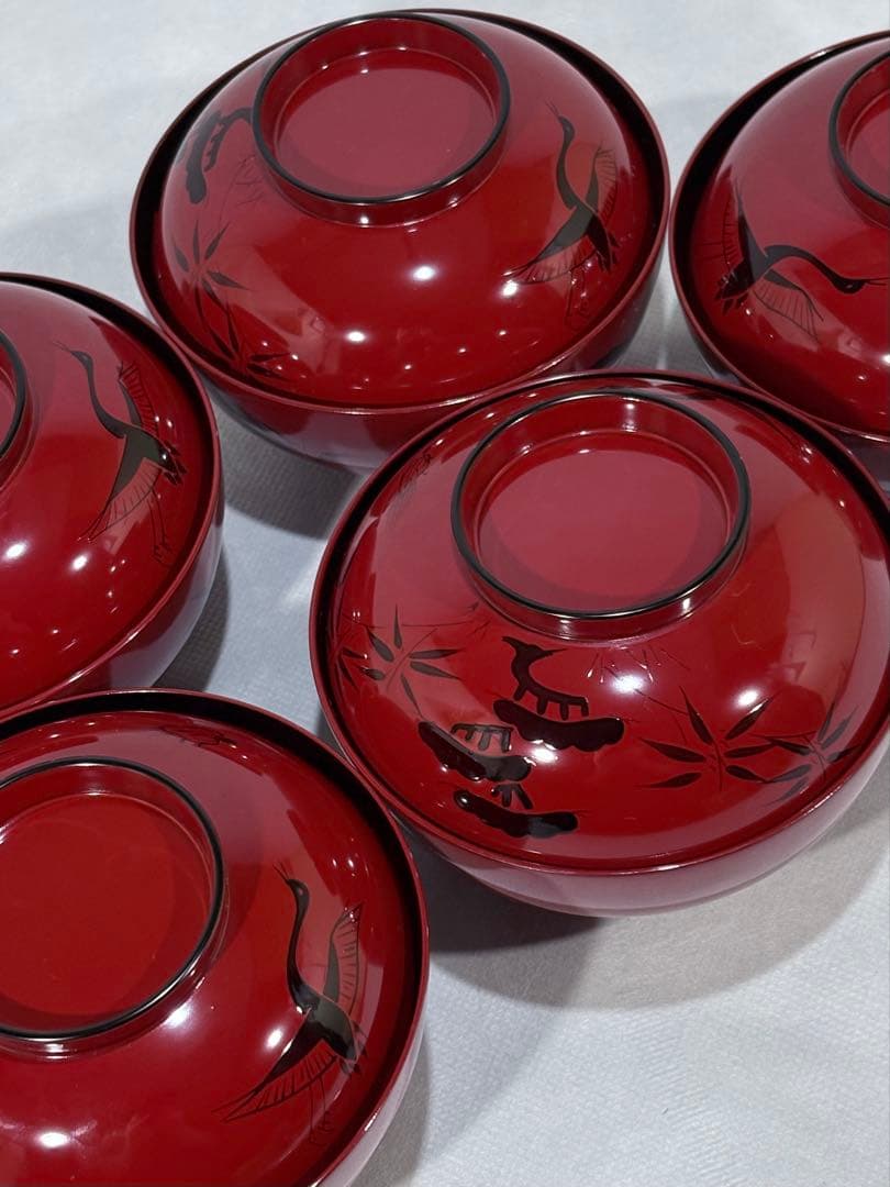 輪島塗　北村葵春造　朱塗 蓬莱山絵　煮物椀五客　美品　共箱　茶道具　懐石　送料込