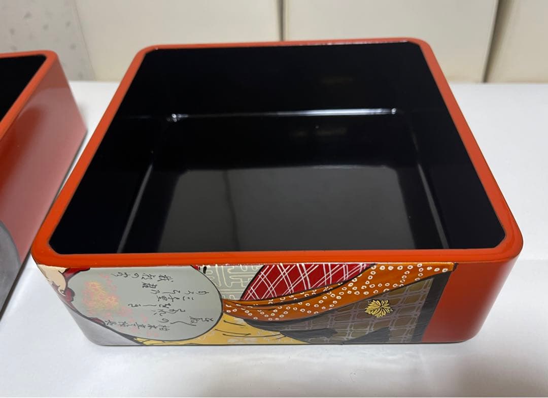 会津塗 木製三段重 朱漆 浮世絵 手書 蒔絵 うるし絵・会津絵　珍品