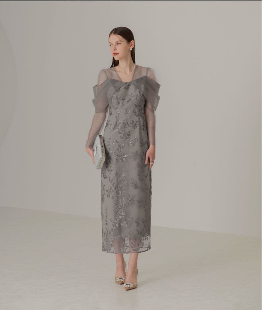 【Leja】チュールロングスリーブリーフIラインワンピースドレス