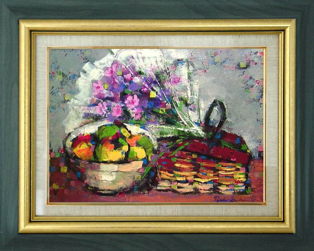 油絵 絵 絵画インテリア 額付(白) uF6-062104 静物 花束 フルーツ