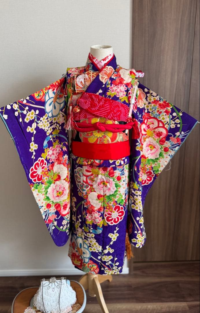 七五三に★正絹青紫色に八重梅　四季花々　五歳、七歳の着物セット