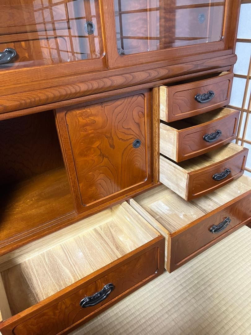 茶箪笥　欅　ケヤキ　和風収納棚 ガラス扉付き　アンティーク風　高さ約150㎝