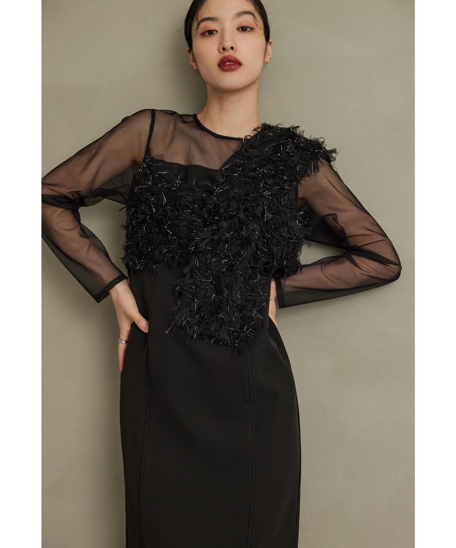 人気　ニアナ　フリンジグリッターノットドレス　パーティ　オケージョン　ブラック