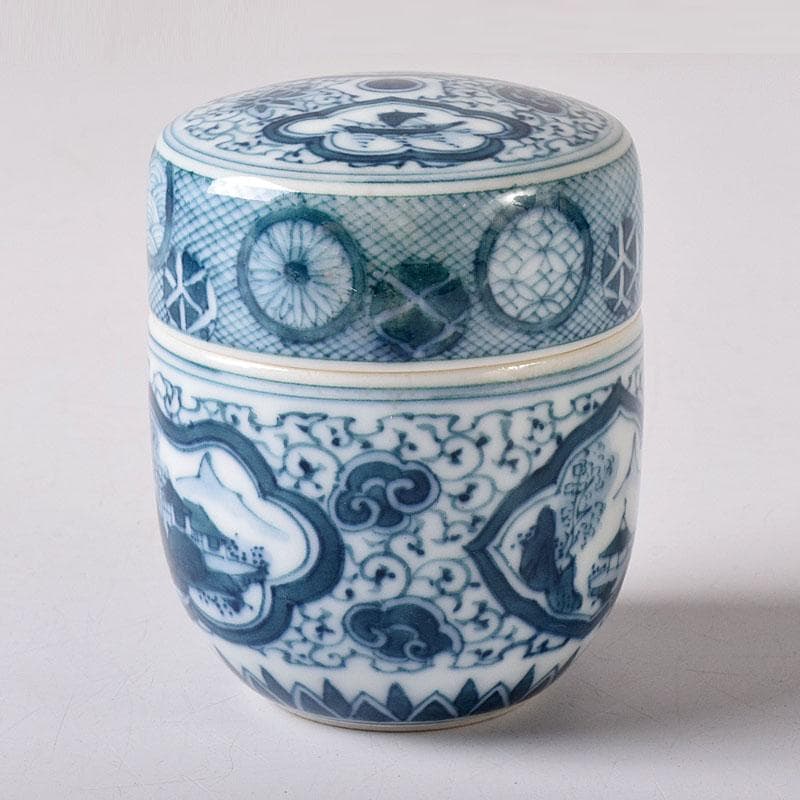 茶道具　湖東焼　染付　山水文　茶入　茶壺　時代箱　V　7661