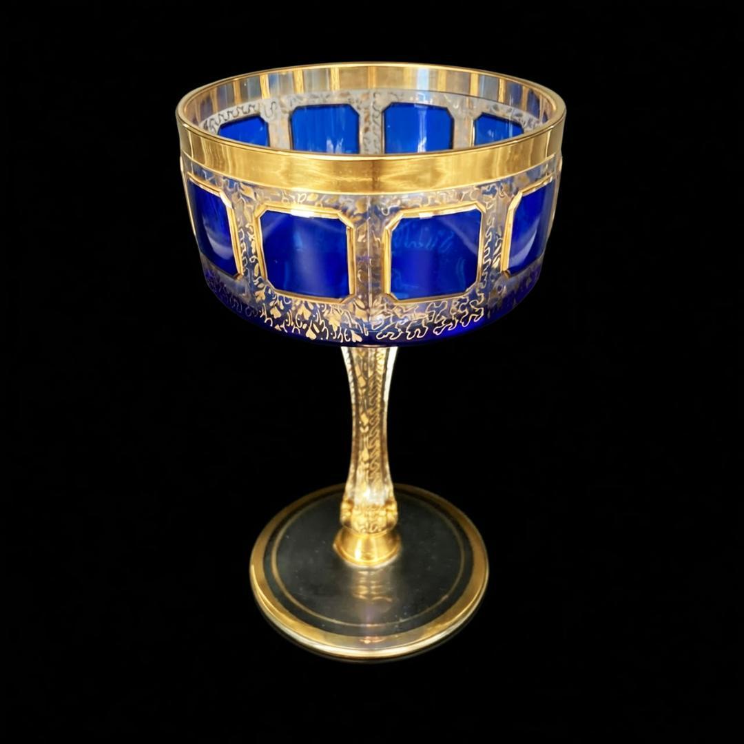 ボヘミアガラス エーゲルマン パネルグラス ワイングラス 瑠璃 金彩