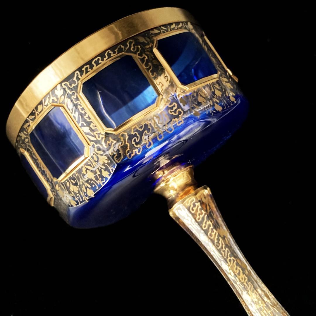 ボヘミアガラス エーゲルマン パネルグラス ワイングラス 瑠璃 金彩