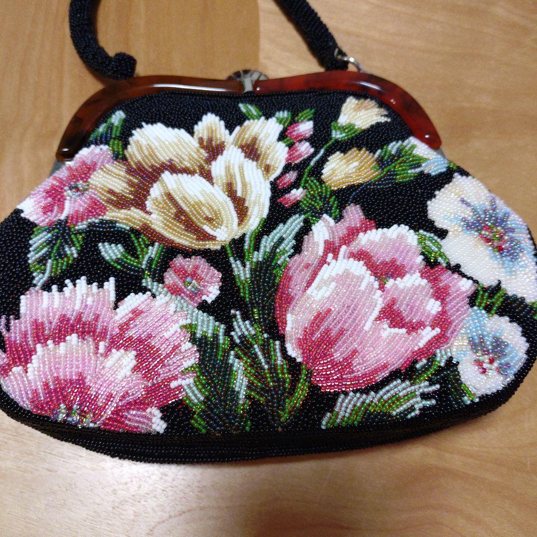 美品　ビーズバッグ　手刺繍 花　カラフル　鮮やか　和装