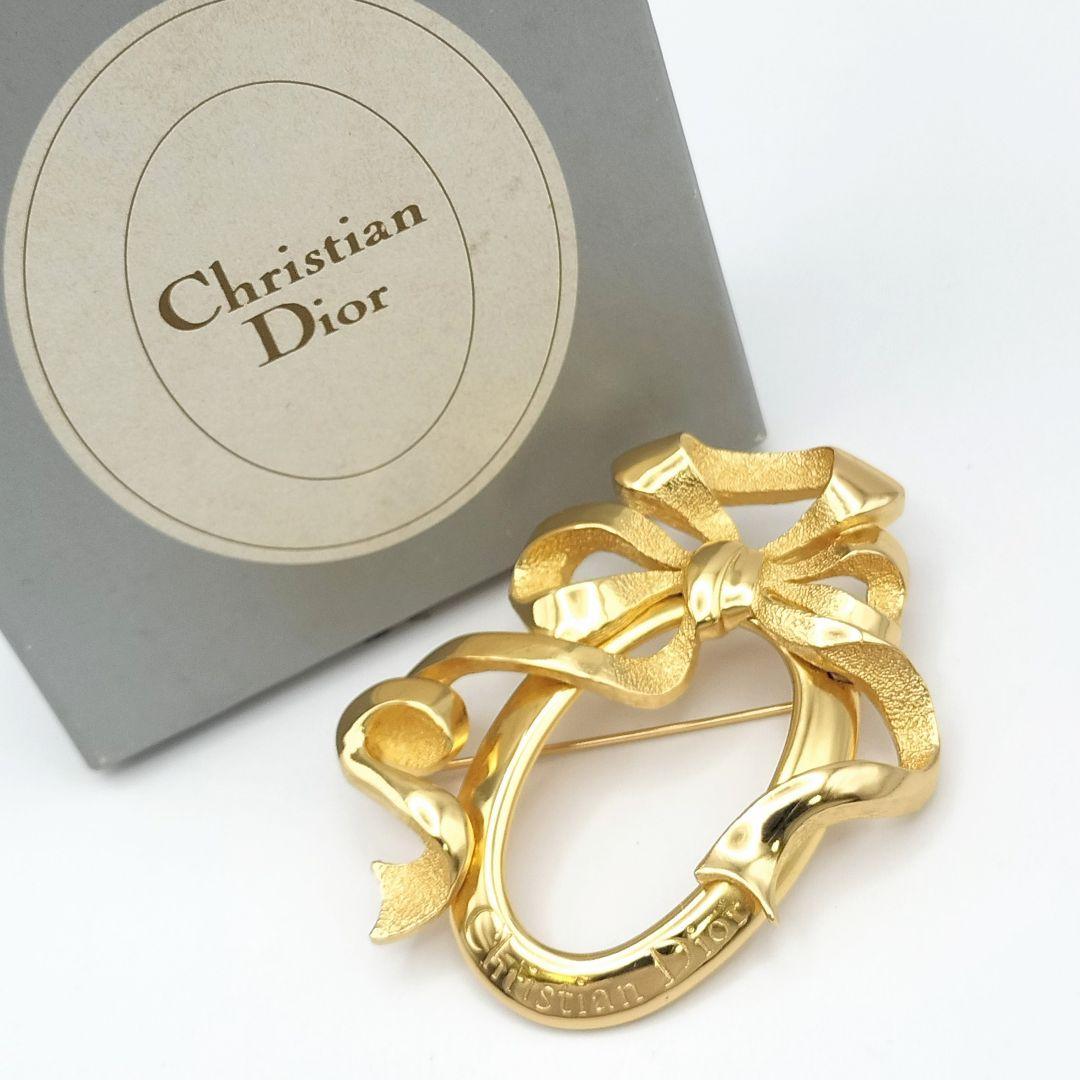 【S】美品 Dior ディオール リボン ヴィンテージ ゴールド ブローチ 箱付